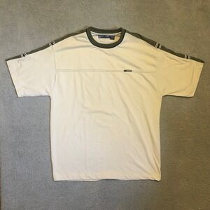 Point Zero Mens XL T-Shirt Cream Olive Green Striped Shoulder Y2K Streetwear Tee